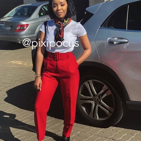 NWT ZARA BELTED HIGH WAISTED PANTS RED - Picture 3 of 16